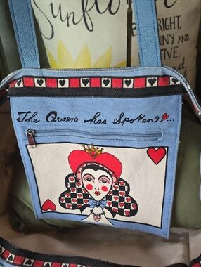 Brighton Canvas Tote Bag with Dog & Heart Motif - Blue Trim The QUEEN has Spoken